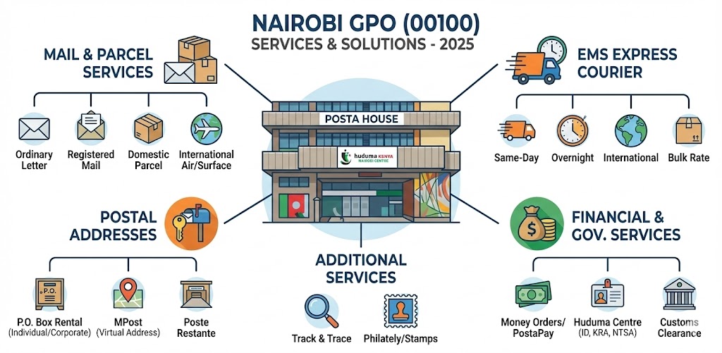 Nairobi GPO Posta Kenya services list infographic